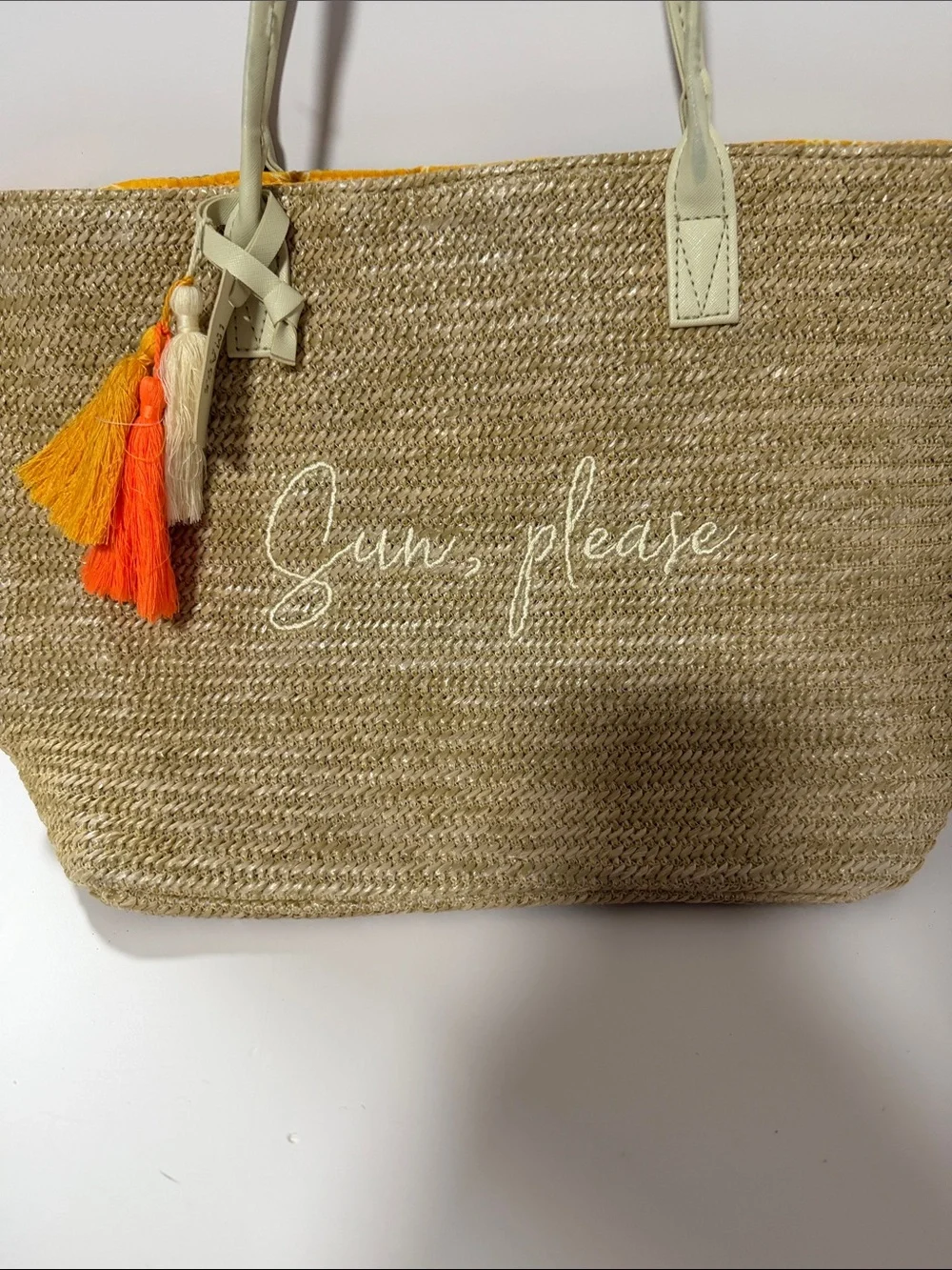 Straw Tote Bag with Cream Handles & Orange Tassels - Sun, Please